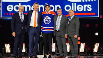 Sam O'Reilly is selected by the Edmonton Oilers with the 32nd overall pick in the first round of the 2024 NHL Draft at The Sphere.