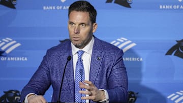 Carolina Panthers general manager Dan Morgan speaks to the media during the introductory press conference for new head coach Dave Canales at Bank of America Stadium.
