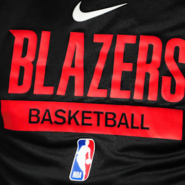 Jan 17, 2023; Denver, Colorado, USA; Detailed view of a Portland Trail Blazers logo warmup jersey before the game against the Denver Nuggets at Ball Arena. Mandatory Credit: Ron Chenoy-Imagn Images