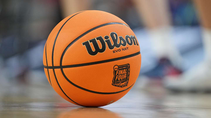 Apr 5, 2024; Glendale, AZ, USA; General view of a basketball during practice before the 2024 Final Four of the NCAA Tournament at State Farm Stadium. Mandatory Credit: Bob Donnan-Imagn Images