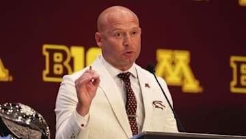 Jul 23, 2025; Las Vegas, NV, USA; Minnesota head coach P.J. Fleck speaks to the media during the Big Ten NCAA college football media days at Mandalay Bay Resort. Mandatory Credit: Lucas Peltier-Imagn Images