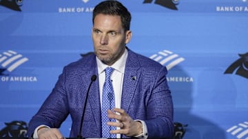 Carolina Panthers general manager Dan Morgan speaks to the media during the introductory press conference for new head coach Dave Canales at Bank of America Stadium.