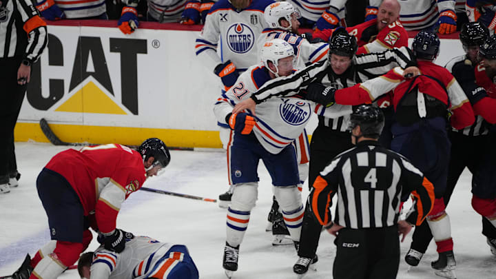 Fight breaks out during the third period between Florida Panthers and Edmonton Oilers in Game 3 of the 2025 Stanley Cup Final