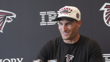 Jul 25, 2024; Buford, GA, USA; Atlanta Falcons quarterback Kirk Cousins (18) talks to the media on the first day of training camp at Falcons Training Camp. Mandatory Credit: Dale Zanine-USA TODAY Sports