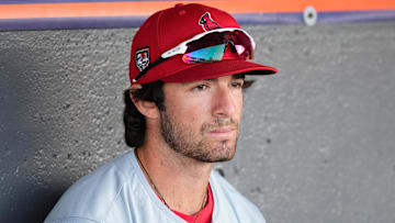 Mar 19, 2024; Port St. Lucie, Florida, USA; St. Louis Cardinals Thomas Saggese (92) looks on prior to a game against the New York Mets at Clover Park. Mandatory Credit: Rich Storry-Imagn Images
