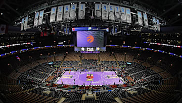 Dec 3, 2024; Toronto, Ontario, CAN; A general view of Scotiabank Arena before a  2024 NBA Cup knock-out game between the Indiana Pacers and Toronto Raptors. Mandatory Credit: John E. Sokolowski-Imagn Images