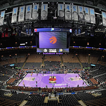 Dec 3, 2024; Toronto, Ontario, CAN; A general view of Scotiabank Arena before a  2024 NBA Cup knock-out game between the Indiana Pacers and Toronto Raptors. Mandatory Credit: John E. Sokolowski-Imagn Images