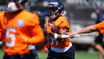 Jun 10, 2025; Denver, CO, USA;Denver Broncos running back RJ Harvey (37) during minicamp at Broncos Park Powered by CommonSpirit. Mandatory Credit: Ron Chenoy-Imagn Images