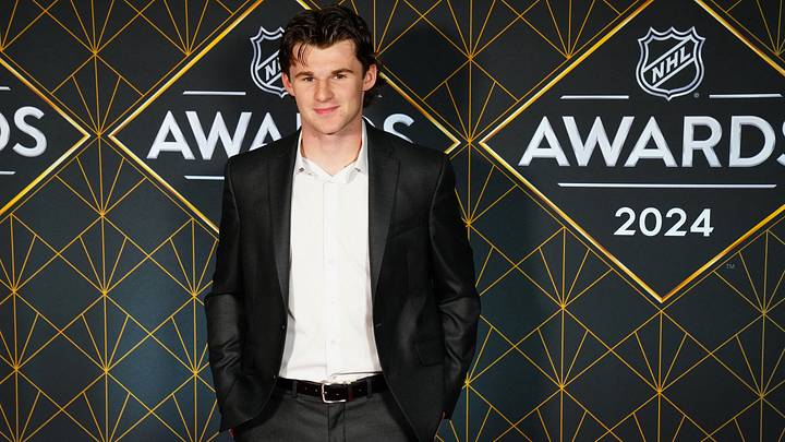 Jun 27, 2024; Las Vegas, Nevada, USA; Cole Eiserman appears on a red carpet before the start of the 2024 NHL Awards at Fontainebleau Las Vegas. Mandatory Credit: Stephen R. Sylvanie-USA TODAY Sports