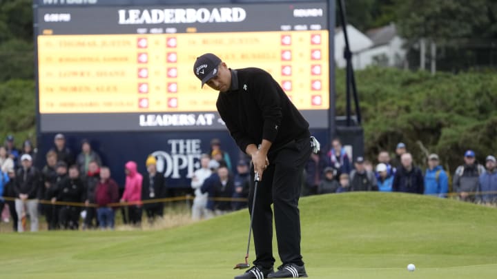 Jul 18, 2024; Ayrshire, SCT; Xander Schauffele putts on the 12th green during the first round of the Open Championship golf tournament at Royal Troon. Mandatory Credit: Jack Gruber-USA TODAY Sports