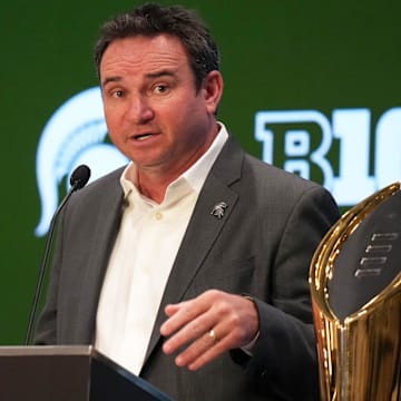 Jul 24, 2025; Las Vegas, NV, USA; Michigan State head coach Jonathan Smith speaks to the media during the Big Ten NCAA college football media days at Mandalay Bay Resort. Mandatory Credit: Lucas Peltier-Imagn Images