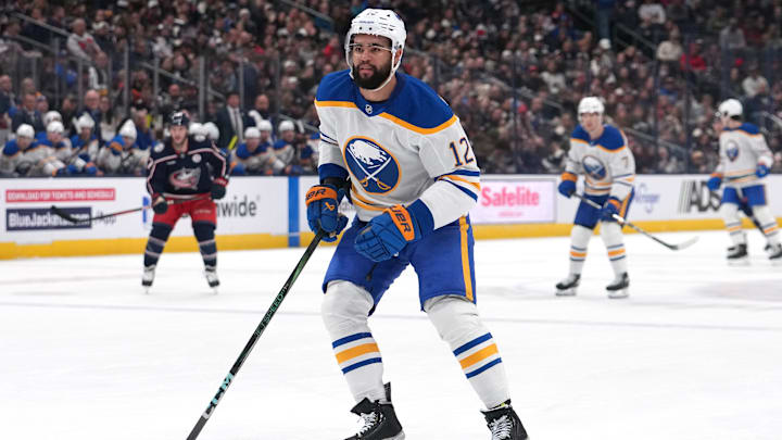 Jordan Greenway (12) skating in the offensive zone in a game against the Columbus Blue Jackets. 