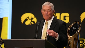 Jul 24, 2025; Las Vegas, NV, USA; Iowa head coach Kirk Ferentz speaks to the media during the Big Ten NCAA college football media days at Mandalay Bay Resort. Mandatory Credit: Lucas Peltier-Imagn Images