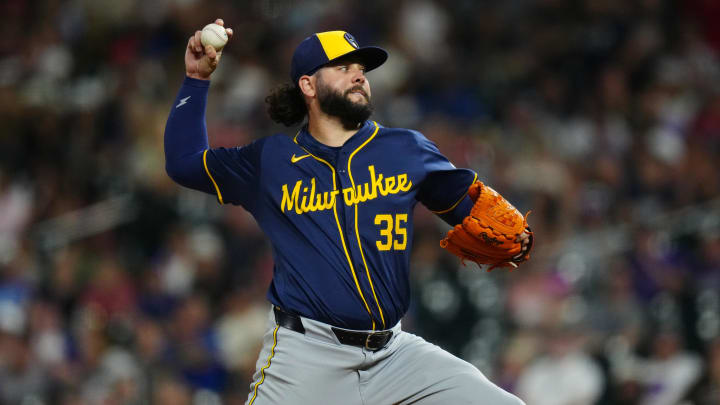 Jul 3, 2024; Denver, Colorado, USA; Milwaukee Brewers pitcher Jakob Junis (35) delivers a pitch in the ninth inning against the Colorado Rockies at Coors Field. Mandatory Credit: Ron Chenoy-USA TODAY Sports