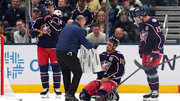 Blue Jackets forward Miles Wood will miss some time after this high sticking injury.