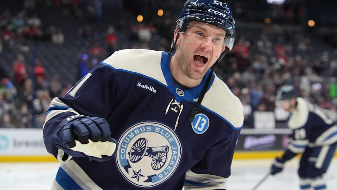 James van Riemsdyk celebrates as the Columbus Blue Jackets take on the Washington Capitals.