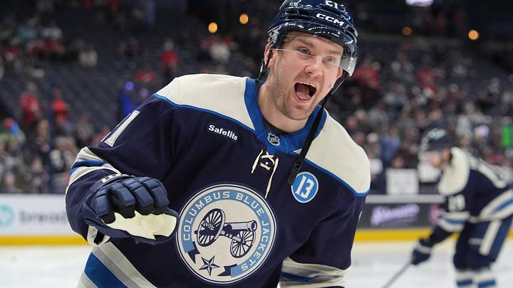 James van Riemsdyk celebrates as the Columbus Blue Jackets take on the Washington Capitals.