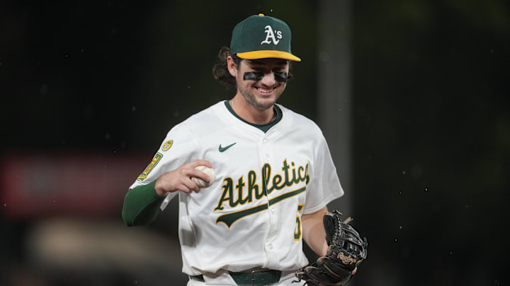 Sep 24, 2025; West Sacramento, California, USA; Athletics shortstop Jacob Wilson (5) jogs towards the dugout against the Houston Astros in the seventh inning at Sutter Health Park. Mandatory Credit: Cary Edmondson-Imagn Images