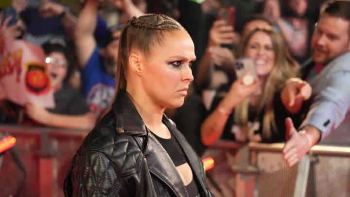 Jan 29, 2022; St. Louis, MO, USA; Ronda Rousey during the Royal Rumble The Dome at America's Center. Mandatory Credit: Joe Camporeale-USA TODAY Sports