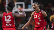 Aug 27, 2025; College Park, Georgia, USA; Las Vegas Aces players react during the game against the Atlanta Dream during the second half at Gateway Center Arena at College Park. Mandatory Credit: Dale Zanine-Imagn Images