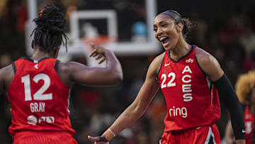 Aug 27, 2025; College Park, Georgia, USA; Las Vegas Aces players react during the game against the Atlanta Dream during the second half at Gateway Center Arena at College Park. Mandatory Credit: Dale Zanine-Imagn Images
