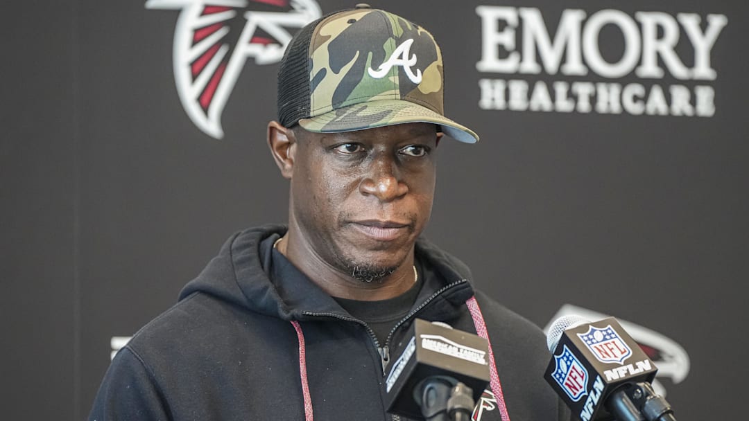Jun 11, 2025; Atlanta, GA, USA; Atlanta Falcons head coach Raheem Morris answers media questions before practice at Children's Healthcare of Atlanta Training Ground. Mandatory Credit: Dale Zanine-Imagn Images
