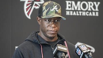 Jun 11, 2025; Atlanta, GA, USA; Atlanta Falcons head coach Raheem Morris answers media questions before practice at Children's Healthcare of Atlanta Training Ground. Mandatory Credit: Dale Zanine-Imagn Images