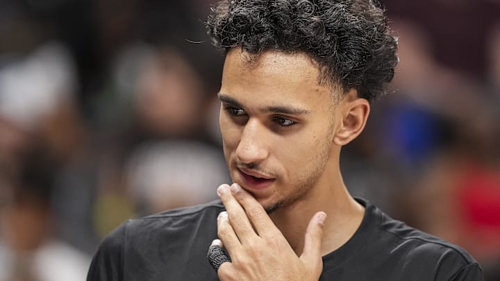 Zaccharie Risacher #10 of the Atlanta Hawks looks on before facing the New York Knicks.