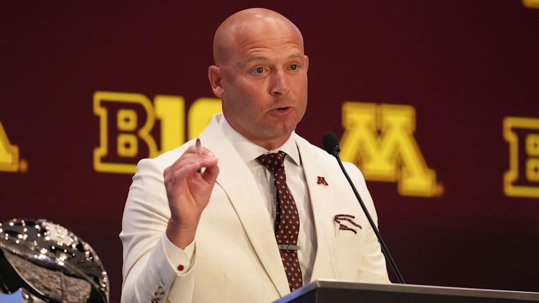 Jul 23, 2025; Las Vegas, NV, USA; Minnesota head coach P.J. Fleck speaks to the media during the Big Ten NCAA college football media days at Mandalay Bay Resort. Mandatory Credit: Lucas Peltier-Imagn Images