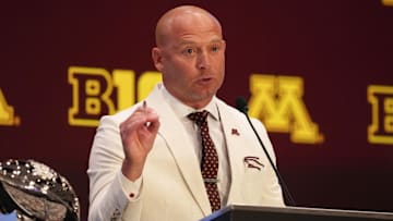 Jul 23, 2025; Las Vegas, NV, USA; Minnesota head coach P.J. Fleck speaks to the media during the Big Ten NCAA college football media days at Mandalay Bay Resort. Mandatory Credit: Lucas Peltier-Imagn Images