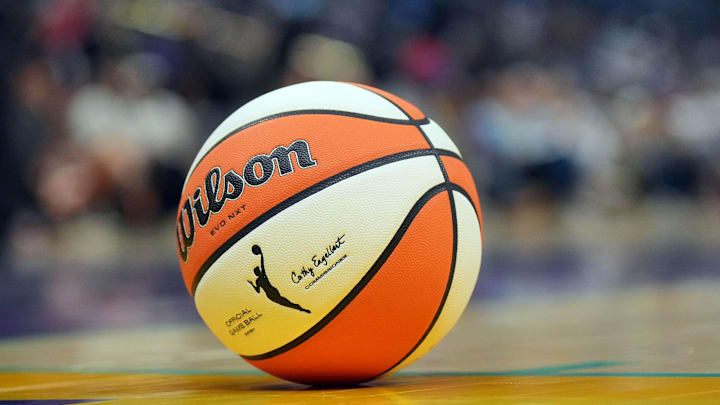 Jul 9, 2024; Los Angeles, California, USA; Detailed view of Wilson official WNBA Evo NXT basketball at Crypto.com Arena. Mandatory Credit: Kirby Lee-Imagn Images