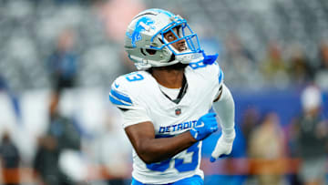 Detroit Lions wide receiver Isaiah Williams (83) is shown just before the first preseason game of the season, Thursday, August 8 2024, in East Rutherford.