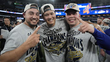 Nov 1, 2025; Toronto, Ontario, CAN; Los Angeles Dodgers two-way player Shohei Ohtani (17) celebrates with teammates after defeating the Toronto Blue Jays during game seven of the 2025 MLB World Series at Rogers Centre. Mandatory Credit: John E. Sokolowski-Imagn Images