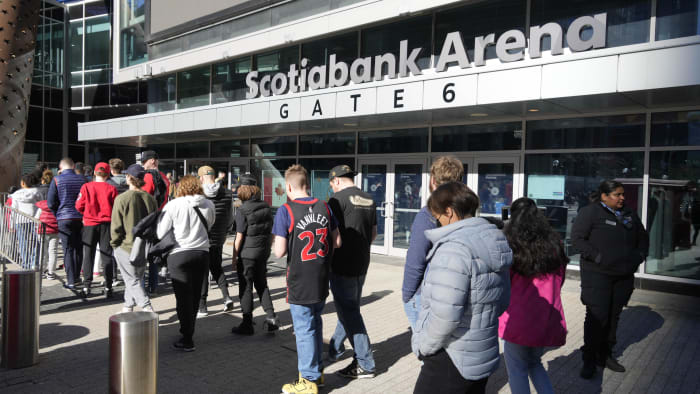 Apr 7, 2024; Toronto, Ontario, CAN; Toronto Raptors fans enter Scotiabank Arena before a game