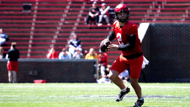 Cincinnati Bearcats quarterback Brendan Sorsby (2) looks to throw the ball during the University of Cincinnati annual Red and Black Spring football game and practice at Nippert Stadium in Cincinnati on Saturday, April 13, 2024.