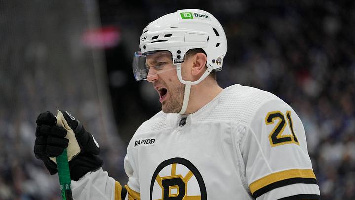 Apr 24, 2024; Toronto, Ontario, CAN; Boston Bruins forward James van Riemsdyk (21) reacts after a play against the Toronto Maple Leafs during the first period of game three of the first round of the 2024 Stanley Cup Playoffs at Scotiabank Arena. Mandatory Credit: John E. Sokolowski-USA TODAY Sports