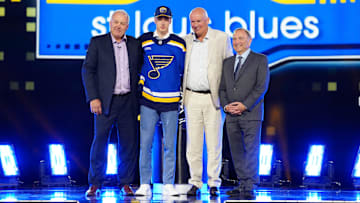 Jun 28, 2024; Las Vegas, Nevada, USA; Adam Jiricek is selected by the St. Louis Blues with the 16th overall pick in the first round of the 2024 NHL Draft at The Sphere. Mandatory Credit: Stephen R. Sylvanie-Imagn Images