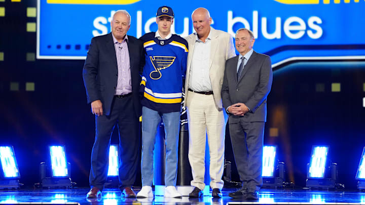 Jun 28, 2024; Las Vegas, Nevada, USA; Adam Jiricek is selected by the St. Louis Blues with the 16th overall pick in the first round of the 2024 NHL Draft at The Sphere. Mandatory Credit: Stephen R. Sylvanie-Imagn Images