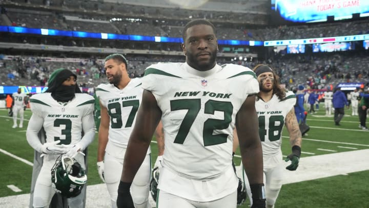 Oct 29, 2023; East Rutherford, New Jersey, USA; New York Jets defensive end Micheal Clemons (72) at MetLife Stadium. Mandatory Credit: Robert Deutsch-USA TODAY Sports