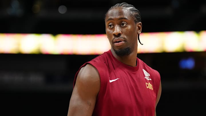 Mar 31, 2024; Denver, Colorado, USA; Cleveland Cavaliers guard Caris LeVert (3) before the game against the Denver Nuggets at Ball Arena. Mandatory Credit: Ron Chenoy-Imagn Images