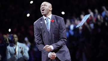 Nov 2, 2024; Toronto, Ontario, CAN: Former Toronto Raptors player Vince Carter reacts during his player number retirement ceremony at halftime of a game against the Sacramento Kings at Scotiabank Arena. Mandatory Credit: John E. Sokolowski-Imagn Images