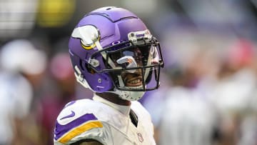 Nov 5, 2023; Atlanta, Georgia, USA; Minnesota Vikings wide receiver Jordan Addison (3) shown on the field prior to the game against the Atlanta Falcons at Mercedes-Benz Stadium. Mandatory Credit: Dale Zanine-USA TODAY Sports