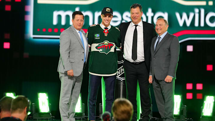 Jun 28, 2024; Las Vegas, Nevada, USA; Zeev Buium is selected by the Minnesota Wild with the 12th overall pick in the first round of the 2024 NHL Draft at The Sphere. Mandatory Credit: Stephen R. Sylvanie-Imagn Images