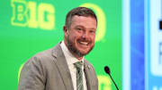 Jul 23, 2025; Las Vegas, NV, USA; Oregon head coach Dan Lanning speaks to the media during the Big Ten NCAA college football media days at Mandalay Bay Resort. Mandatory Credit: Lucas Peltier-Imagn Images