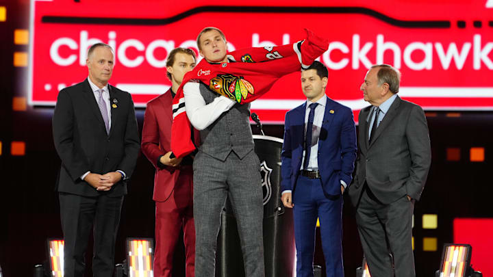 Jun 28, 2024; Las Vegas, Nevada, USA; Artyom Levshunov is selected with the 2nd overall pick in the first round of the 2024 NHL Draft by the Chicago Blackhawks at The Sphere. Mandatory Credit: Stephen R. Sylvanie-Imagn Images