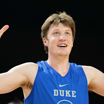 Apr 4, 2025; San Antonio, TX, USA; Duke Blue Devils guard Kon Knueppel (7) during a practice session for the Final Four of the 2025 NCAA tournament at Alamodome. Mandatory Credit: Bob Donnan-Imagn Images