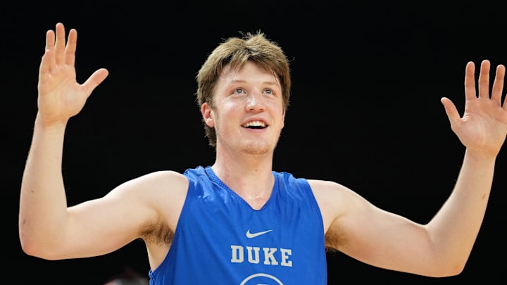 Apr 4, 2025; San Antonio, TX, USA; Duke Blue Devils guard Kon Knueppel (7) during a practice session for the Final Four of the 2025 NCAA tournament at Alamodome. Mandatory Credit: Bob Donnan-Imagn Images Apr 4, 2025; San Antonio, TX, USA; Duke Blue Devils guard Kon Knueppel (7) during a practice session for the Final Four of the 2025 NCAA tournament at Alamodome. Mandatory Credit: Bob Donnan-Imagn Images