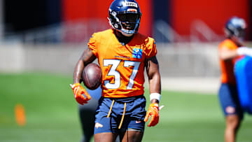 May 10, 2025; Englewood, CO, USA; Denver Broncos running back RJ Harvey (37) during rookie minicamp at Broncos Park Powered by CommonSpirit. Mandatory Credit: Ron Chenoy-Imagn Images