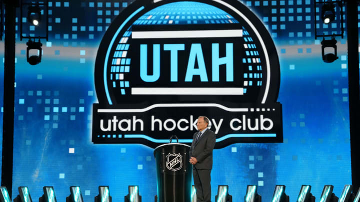 Jun 28, 2024; Las Vegas, Nevada, USA; NHL Commissioner Gary Bettman looks on as Utah Hockey Club is on the clock during the first round of the 2024 NHL Draft at The Sphere. Mandatory Credit: Joe Camporeale-USA TODAY Sports