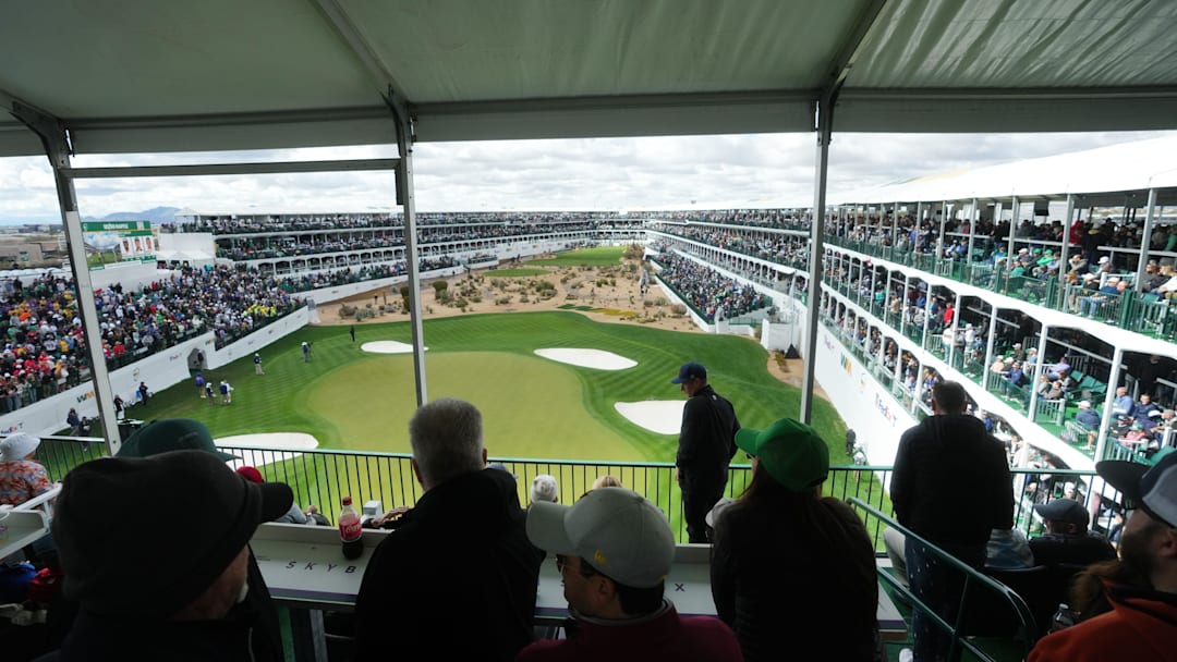 The view from behing the green at the famous 16th at TPC Scottsdale.